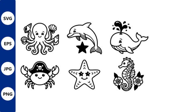 Download Cute Black and White Sea Animals Vector - White Collection