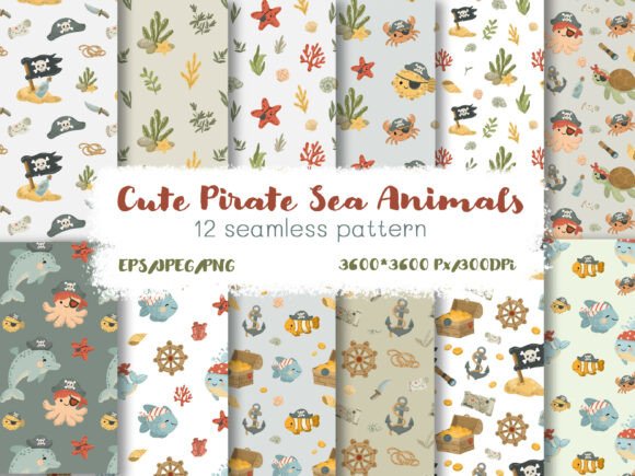 Download Cute Pirate Sea Animals Pattern Set - Pattern Collection